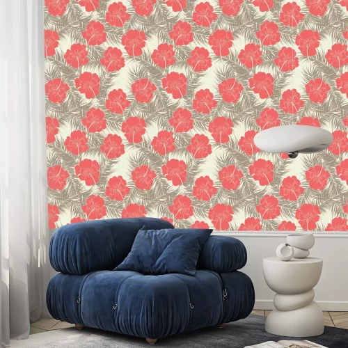 Behang Naadloos tropisch patroon met bruine bladeren nad rode bloemen op de vanille achtergrond