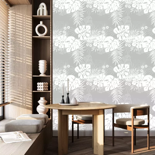 Behang Zomer naadloos tropisch patroon met monstera palmbladeren en planten op grijze achtergrond