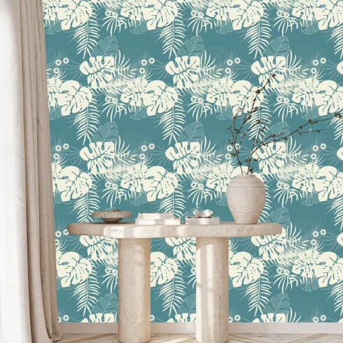 Behang Zomer naadloze tropische patroon met monstera palmbladeren en planten op blauwe achtergrond