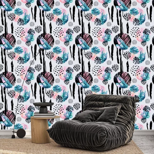 Behang Abstract natuurlijk naadloos patroon geïnspireerd door memphis stijl. Cirkels gevuld met tropische bladeren, doodle, grunge textuur, ruwe penseelstreken. Handgeschilderde aquarel illustratie