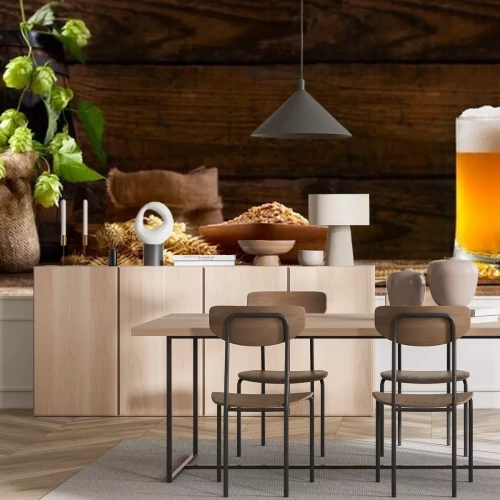 Fotobehang Beker bier tarwe hop en vat