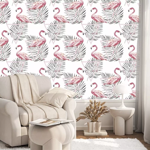 Behang Geometrische vormen en flamingo's