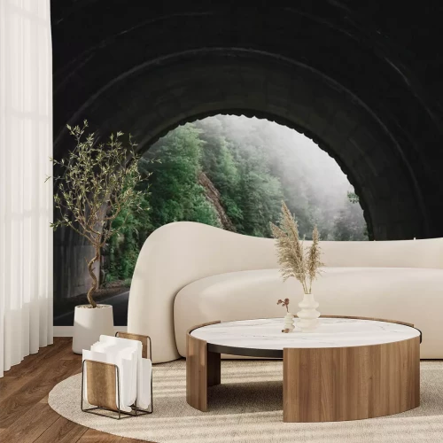 Fotobehang Tunnel met een mistig bos