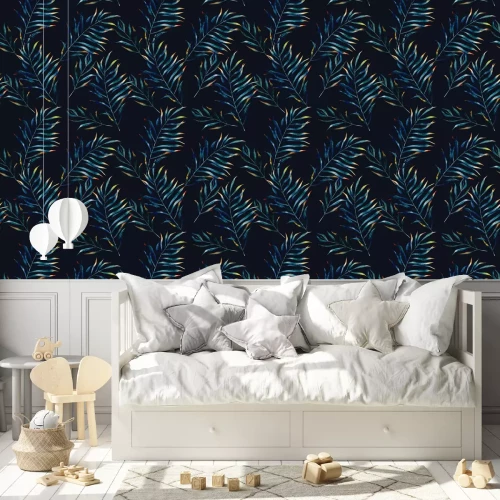 Behang Aquarel exotische naadloze patroon, groene tropische bladeren, botanische zomer illustratie op zwarte achtergrond