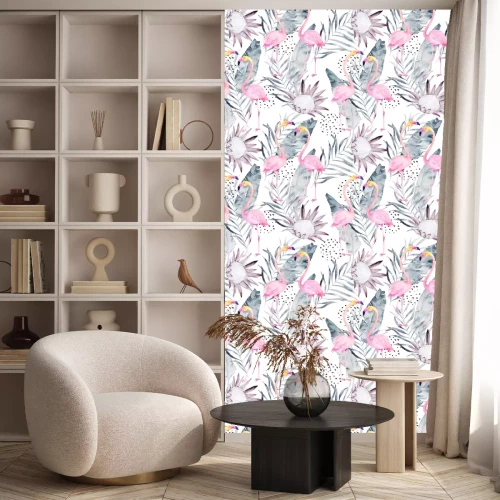 Behang Roze flamingobladeren en stippen
