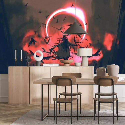 Fotobehang Enge figuur en kraaien in een fantasiewereld