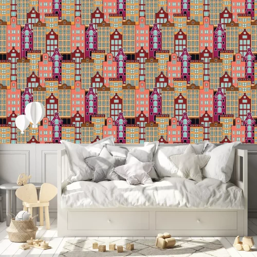 Behang Naadloos vector patroon van Nederlandse huizen. Stadsgebouwen van Amsterdam