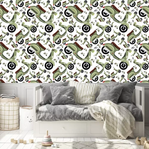 Behang Naadloos hipster patroon met retro motorfiets in witte kleur. Moderne modieuze achtergrond met vintage scooter. Cartoon hand teken stijl