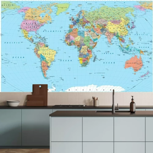 Fotobehang Kleurrijke wereldkaart met landsgrenzen