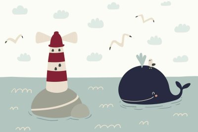 Fotobehang Scandinavisch landschap met een walvis en een vuurtoren voor kinderen