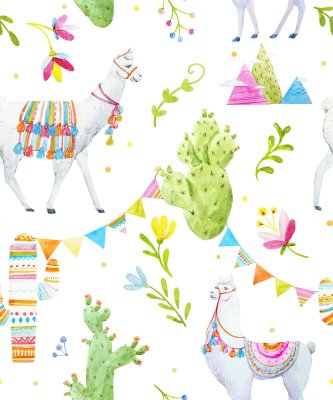 Behang Kleurrijke lama's en cactussen