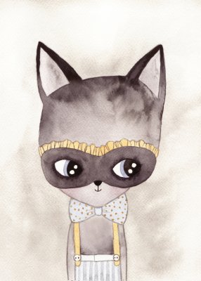 Sticker Babykat met een vlieg in aquarelstippen