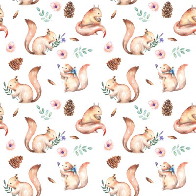 Sticker Naadloos patroon met waterverfeekhoorns, sparappel en eiken eikels, getrokken die op een witte achtergrond wordt geïsoleerd