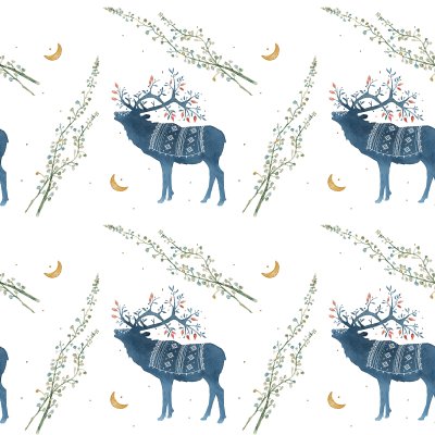 Behang Waterverf naadloze patroon met Skandinavische elemententakken, grassprietjes.