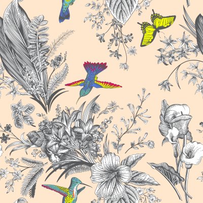 Behang Grijs motief met kleurrijke elementen