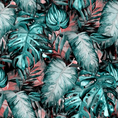 Behang Aquarel palmbladeren op een roze achtergrond