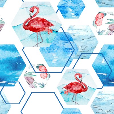 Sticker Abstract zomer naadloze patroon. Waterverf roze flamingo, bladeren. achtergrond in minimalistische stijl. Handenscherm tropische illustratie