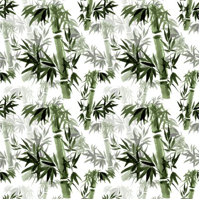 Sticker Werkzame bloemmotief. Het geritsel van bamboe in de wind. Oosterse traditionele kunst, aquarel, inkt, penseelvrij.