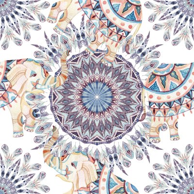 Sticker Van de waterverf etnische olifant en veer mandala achtergrond. Abstract veer mandala naadloos patroon met sierlijke Indiase olifanten op witte achtergrond. Handgeschilderde illustratie voor boho, trib