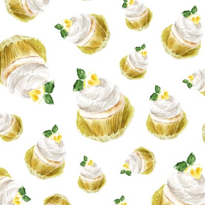 Sticker Citroen cupcake met roommunt, de muffinedessert van de waterverfillustratie. kunstdruk, modeschets. bakkerij zoete cake fruit citrus.pattern