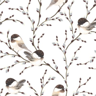 Sticker Naadloos patroon van Willow takken en vogels Black-capped Chickadee, betrokken op witte achtergrond in vintage aquarel stijl.