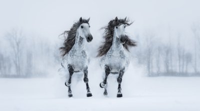 Fotobehang Grijze paarden lopen in de sneeuw