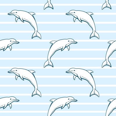 Sticker Naadloos patroon patroon dat van hand getrokken dolfijnen op blauwe gestreepte achtergrond wordt gemaakt. Kan worden gebruikt voor plakboek, behang, stoffenafdruk, verkregen en opvullingen. vec