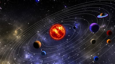 Fotobehang Planeten in het zonnestelsel en hun banen in de ruimte