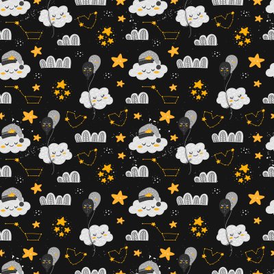 Behang Wolken en sterren op een donkere achtergrond
