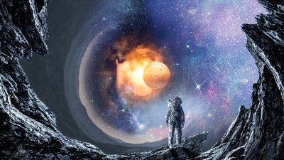 Fotobehang Kosmonaut die het heelal observeert