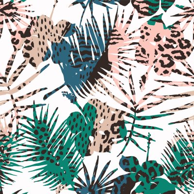 Sticker Trendy naadloos exotisch patroon met palm, dierlijke af: drukken en hand getrokken texturen. Vector illustratie Modern abstract ontwerp voor papier, behang, dekking, stof, interieur en ander gebruik