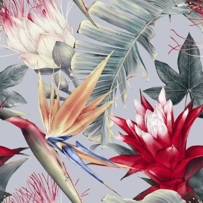 Behang Bloemenpatroon met tropische bloemen in waterverf