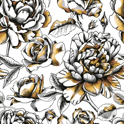 Sticker Naadloos patroon met beeld gouden Pioen en nam op een witte achtergrond toe. Vector illustratie.