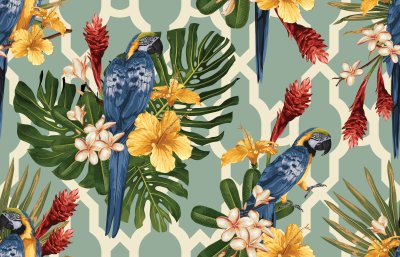 Behang Hawaiiaanse bloemen en papegaaien