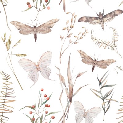 Sticker Aquarel vlinder en zomer veld kruiden naadloze patroon. Handgeschilderde textuur met botanische elementen: planten, gras, bessen, varens, bladeren. Natuurlijke herhalende achtergrond