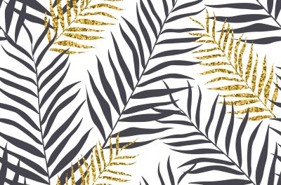 Behang Grijze en gele palmbladeren
