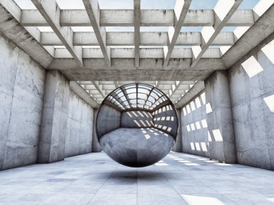 Fotobehang Betonnen tunnel met bollen in 3D