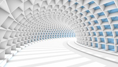Fotobehang Abstracte 3D witte tunnel met blauwe rechthoeken.