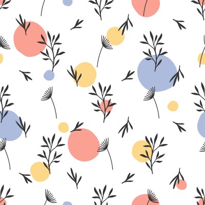 Sticker Naadloos bloempatroon. Vlak botanisch ornament met handgetekende natuurelementen & stippen. Eenvoudige herhalende textuur. Modern origineel textiel, inpakpapier, interieurontwerp. Vector veelkleur