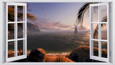 Fotobehang Open raam met uitzicht op zee