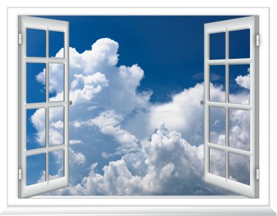 Fotobehang Uitzicht vanuit het witte raam op de lucht en de wolken