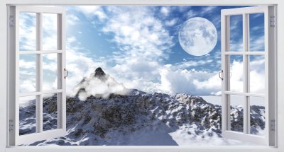 Fotobehang Prachtig berglandschap, het uitzicht vanuit het raam.