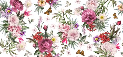 Sticker Romantische compositie met bloemen en vlinders