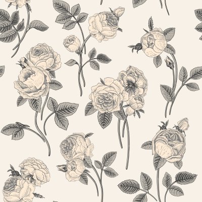 Sticker Vintage vector seamless pattern with bouquets of flowers blooming garden Victorian roses. Gray white flowers with gray leaves on a light gray background. Classic.