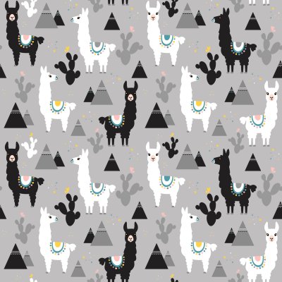 Sticker Seamless pattern of llama, cactus and mountains. Great for fabric, textile. Vector background.