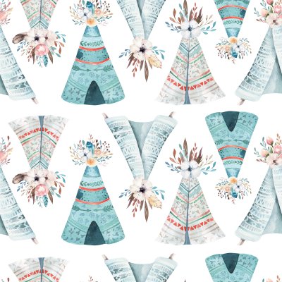 Sticker Blauw-witte Indiase tipi's versierd met bloemen