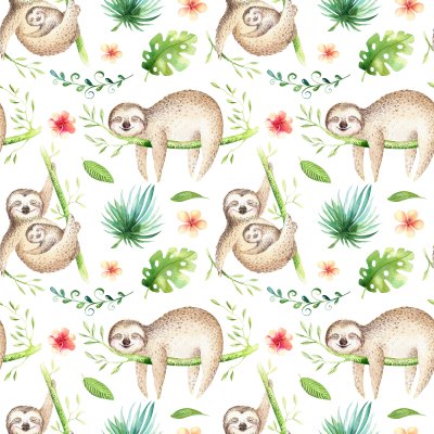 Sticker Baby animals sloth nursery isolated seamless pattern. Watercolor boho tropical drawing, child tropical drawing cute palm tree leaves, tropic green texture,exotic flower. Aloha backgraund