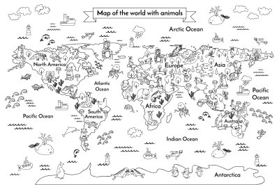 Sticker Zwart-wit wereldkaart met extra afbeeldingen