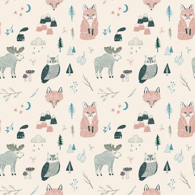Sticker Seamless pattern of woodland animals, trees, mountains