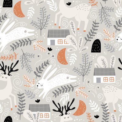Sticker Seamless woodland pattern with deer, bunny and forest house. Creative kids for fabric, wrapping, textile, wallpaper, apparel. Vector illustration